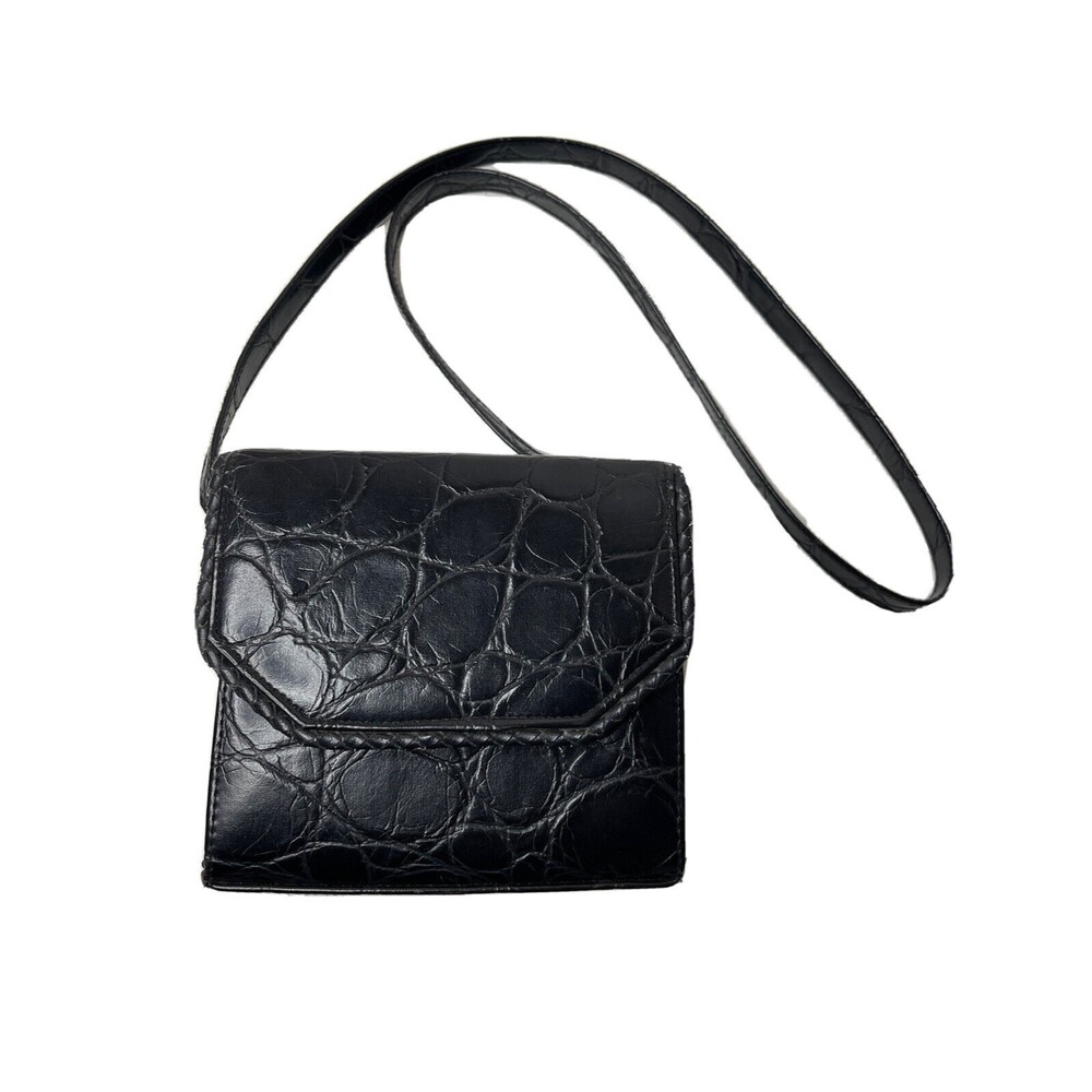 Vintage Black faux Leather Crossbody Purse snap fold over square crocodile print